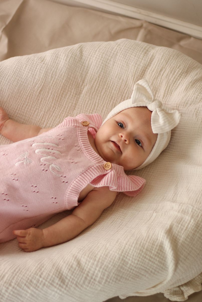 Pointelle frill romper - soft rose