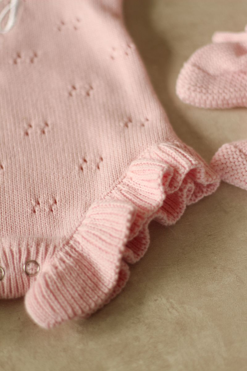 Pointelle frill romper - soft rose